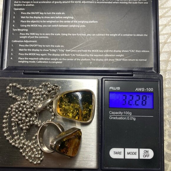 925 Sterling Silver Amber Set – Signed SO – MJI Necklace – Ring Size 8 - Picture 5 of 16
